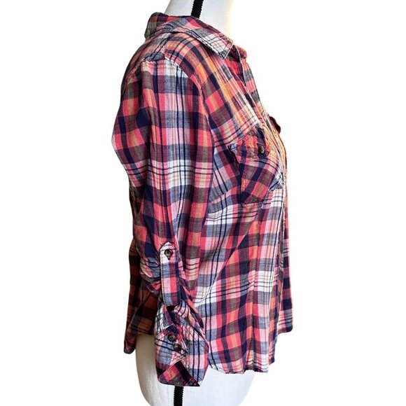 Forever 21 Womens Plaid Button-Up Shirt Sz M Coral & Navy Casual Western Top - Picture 6 of 9